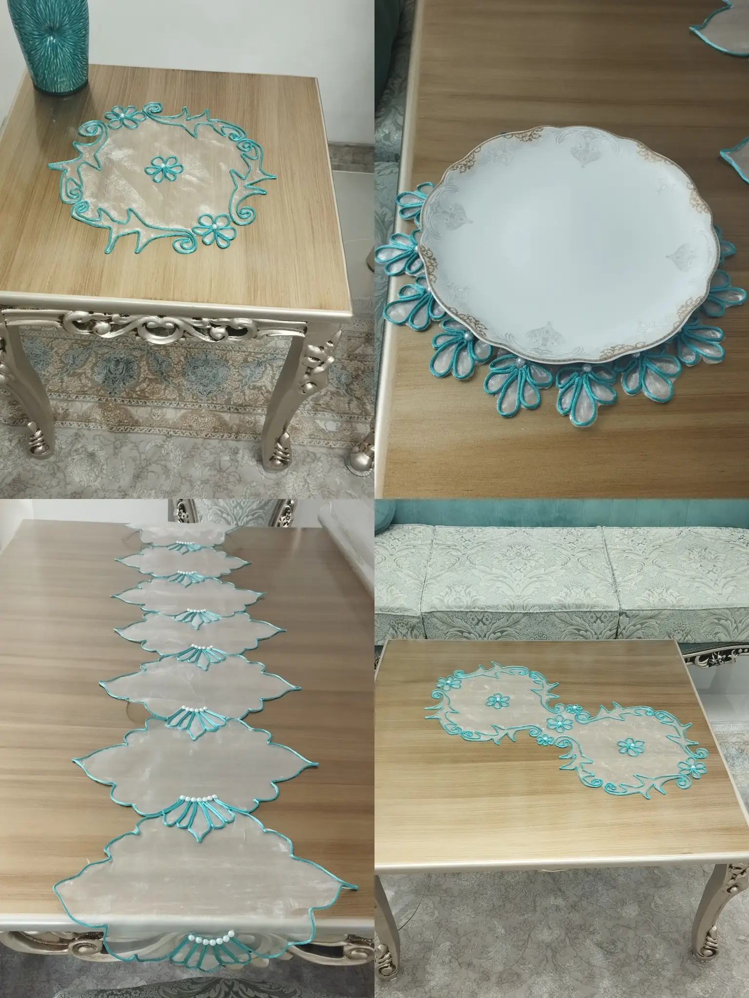 ست کامل رومیزی رانر زیربشقابی و روعسلی مرواریدی دستساز — تصویر محصول