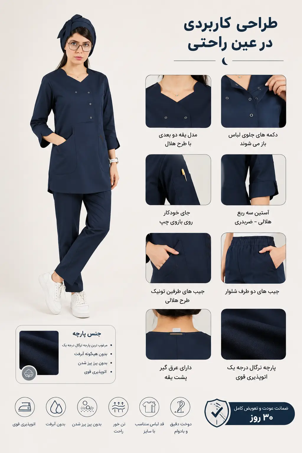 اسکراب زنانه آستین سه ربع سرمه ای — تصویر 2